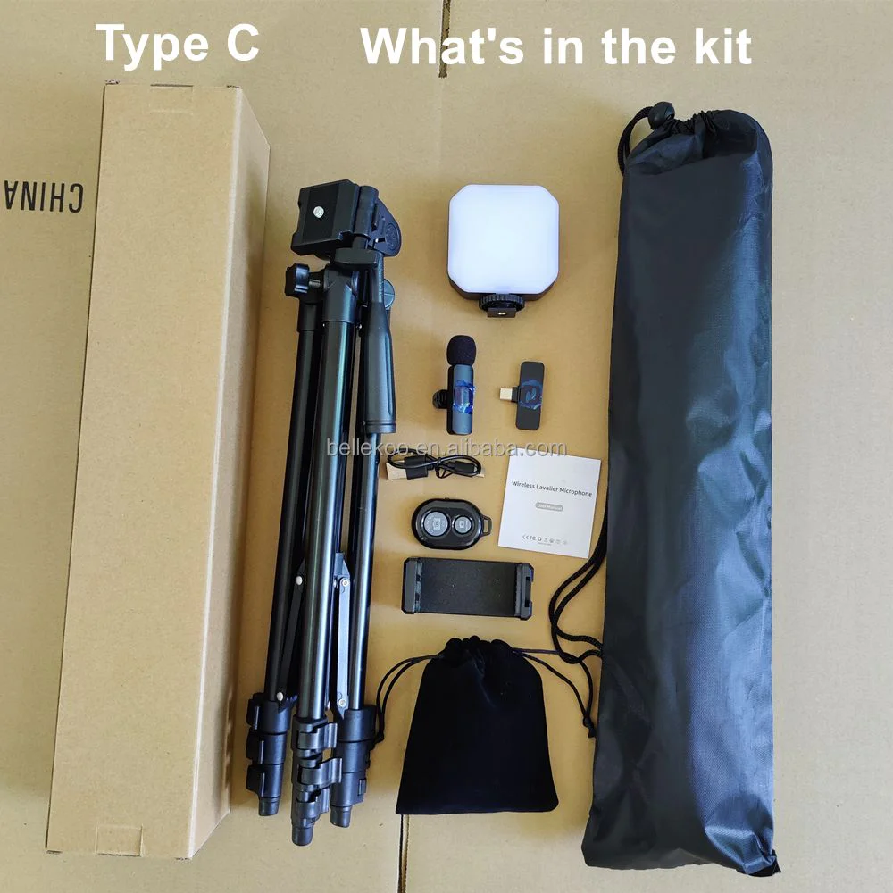 New Phone Camera Tripod Stand LED Video Light Lapel Wireless Microphone Vlogging Kit For Tiktok Face