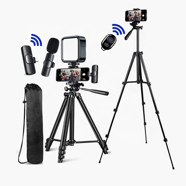 New Phone Camera Tripod Stand LED Video Light Lapel Wireless Microphone Vlogging Kit For Tiktok Face thumbnail 2