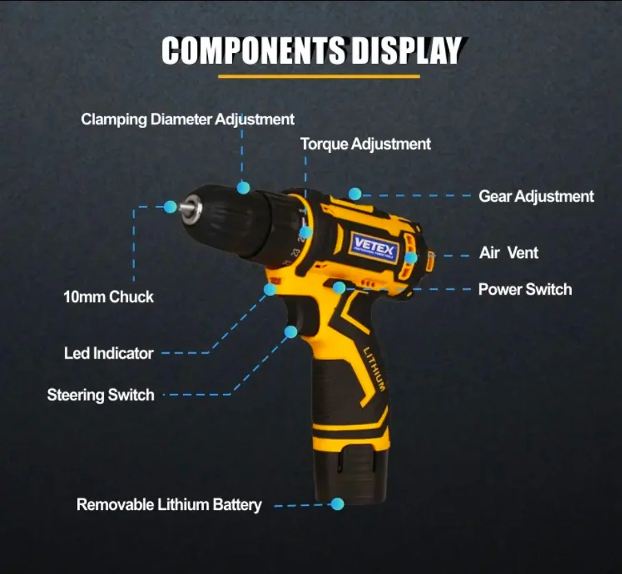 Wholesale 12V Portable Drill Kit Rechargeable Powerful Lithium Battery Electric Cordless Power Drill thumbnail 2