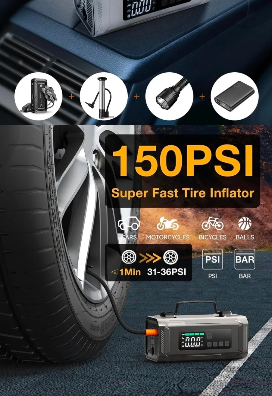 Portable 6 in 1 Car Jump Starter with Cordless Air Compressor 12000mAh Car Battery Booster Power Ban thumbnail 8