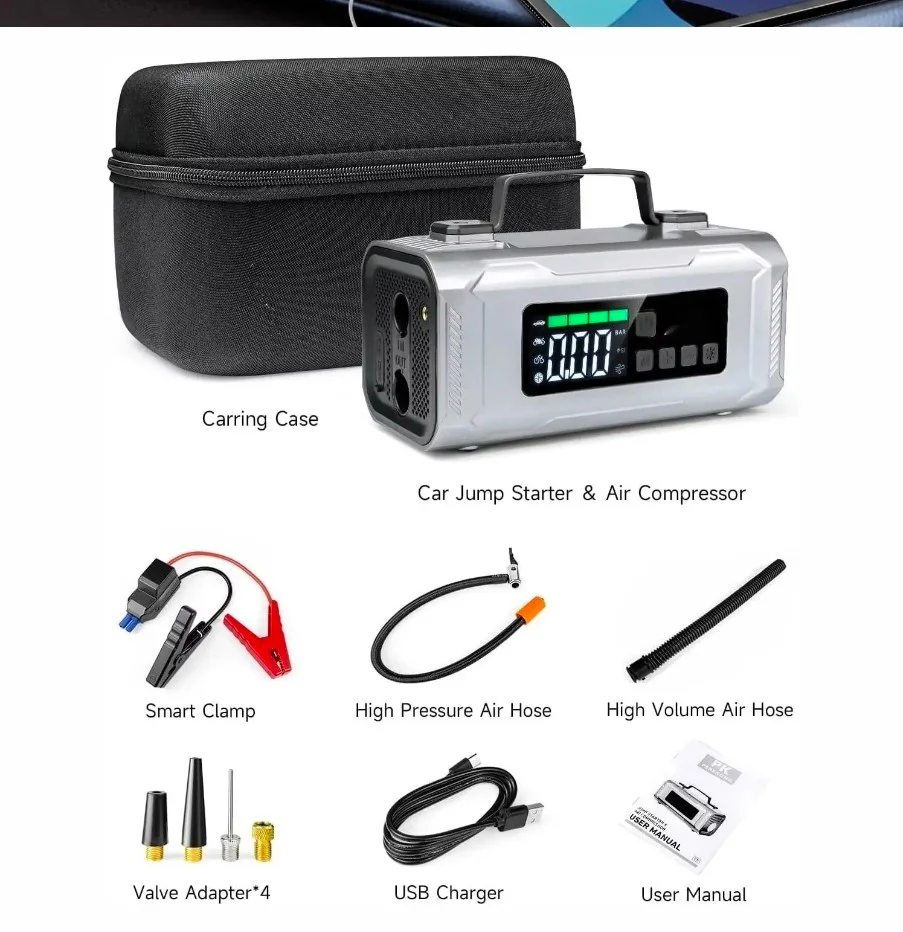 Portable 6 in 1 Car Jump Starter with Cordless Air Compressor 12000mAh Car Battery Booster Power Ban thumbnail 12